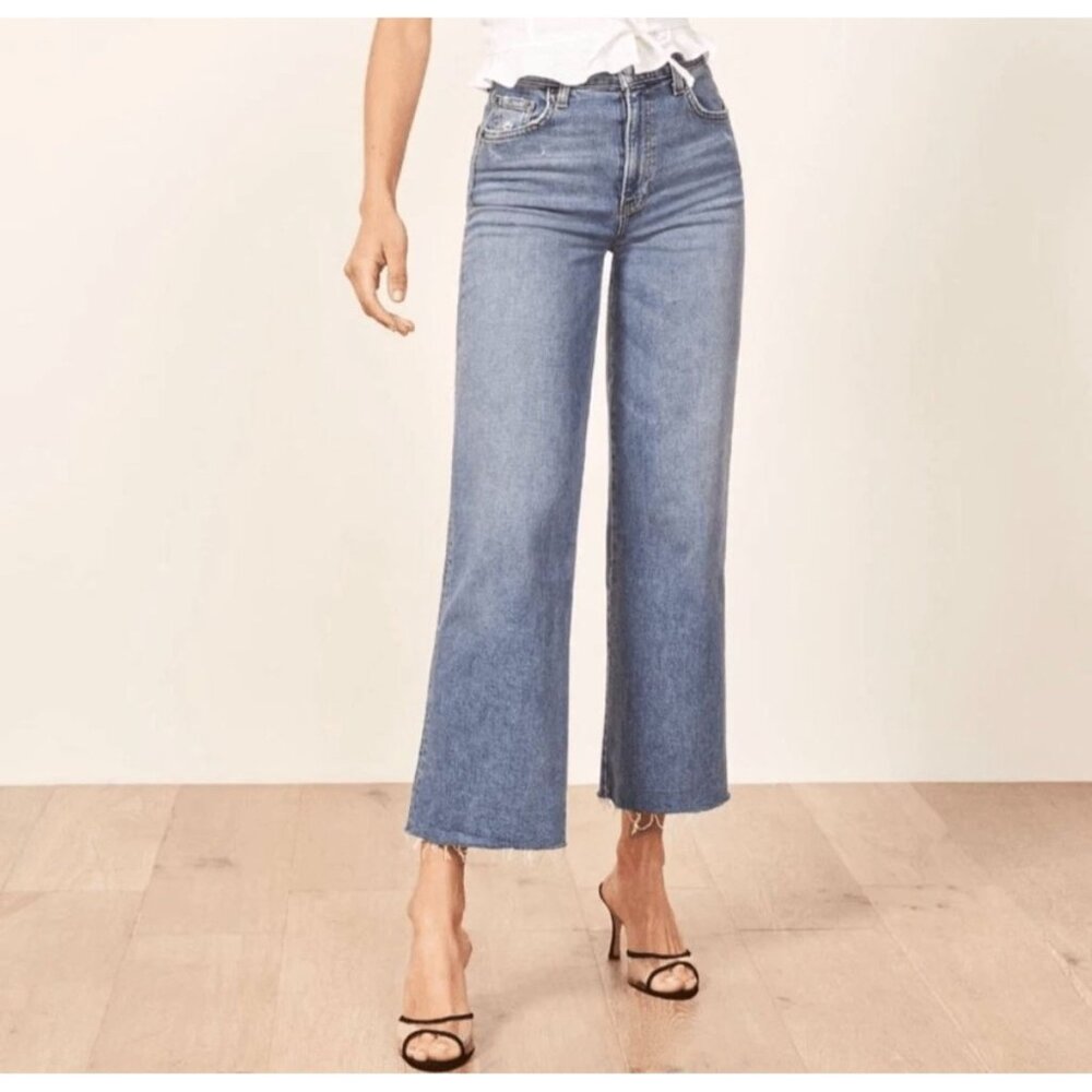 Reformation Stretch Flood Jeans Straight Leg Medium Wash Catalina Raw Hem 24